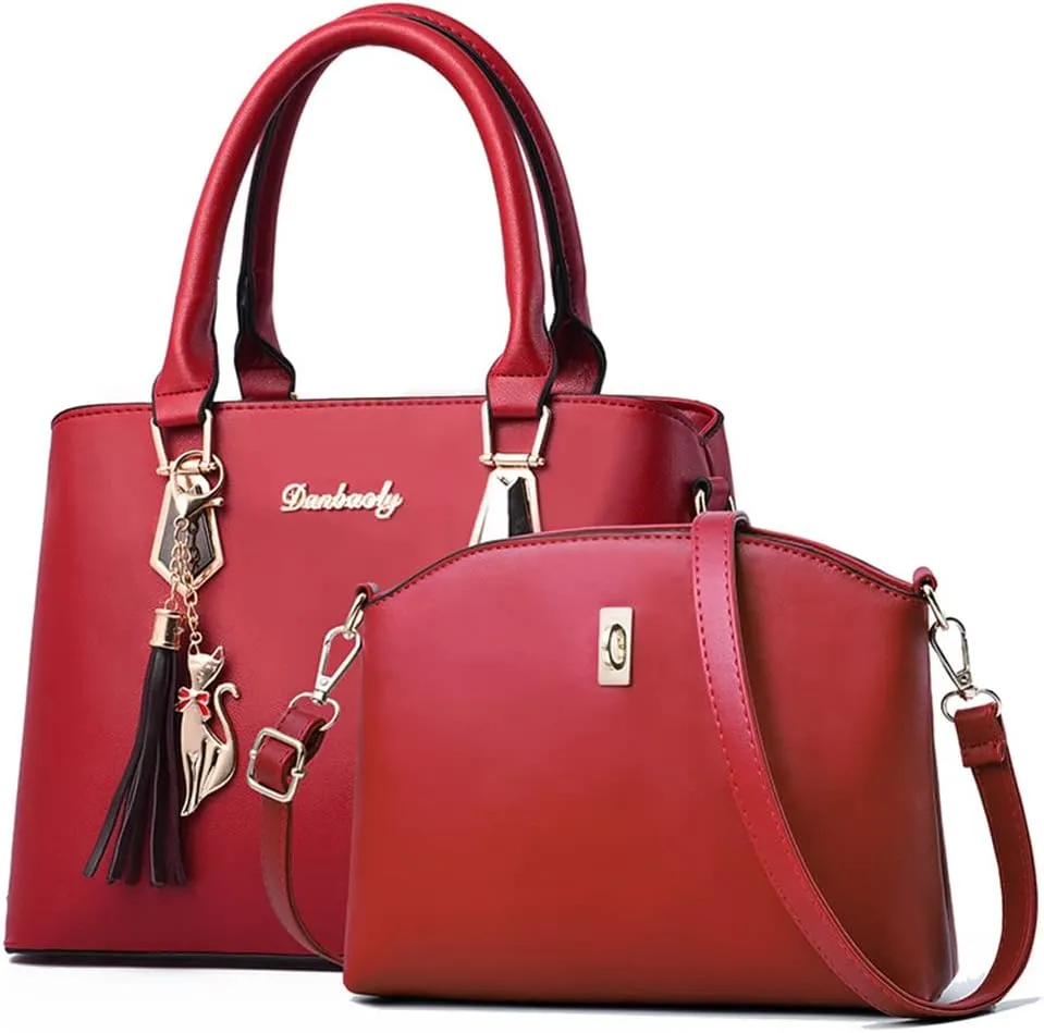 Women Top-Handle Purses Leather 2pcs Totes Handbag Shoulder Satchel with tassel
