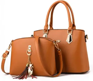Women Top-Handle Purses Leather 2pcs Totes Handbag Shoulder Satchel with tassel