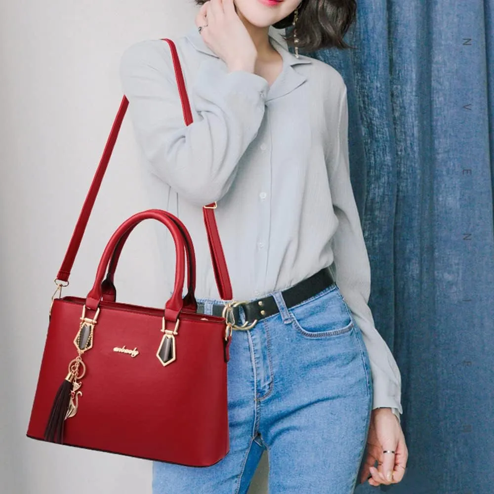 Women Top-Handle Purses Leather 2pcs Totes Handbag Shoulder Satchel with tassel