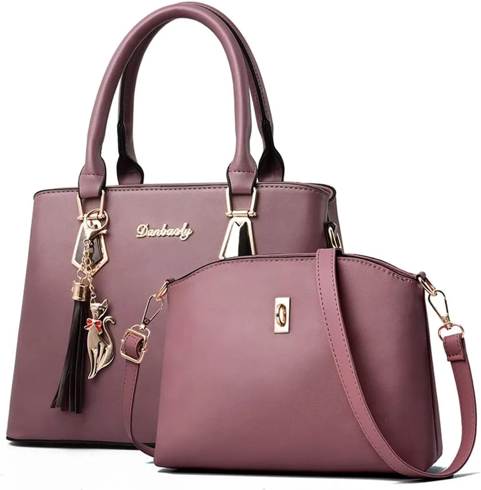 Women Top-Handle Purses Leather 2pcs Totes Handbag Shoulder Satchel with tassel