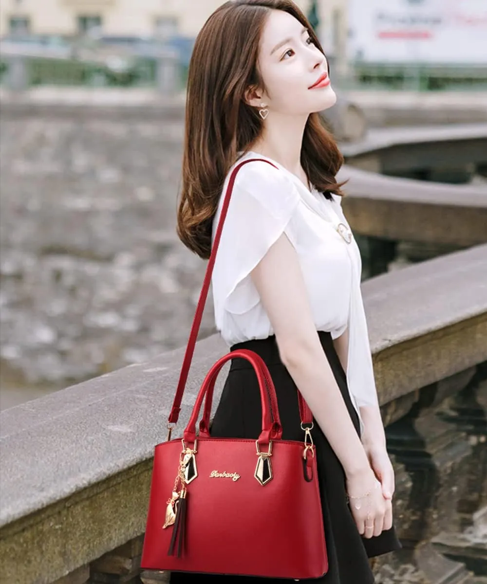 Women Top-Handle Purses Leather 2pcs Totes Handbag Shoulder Satchel with tassel