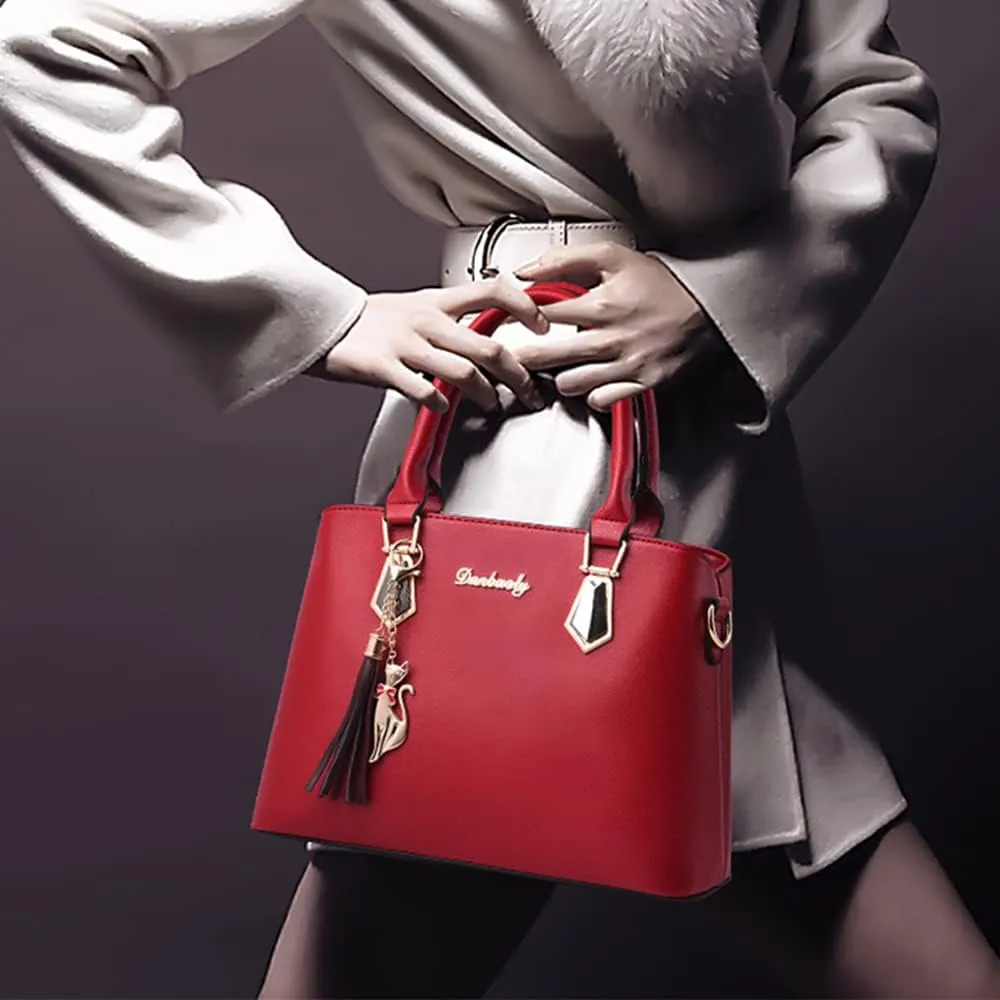 Women Top-Handle Purses Leather 2pcs Totes Handbag Shoulder Satchel with tassel