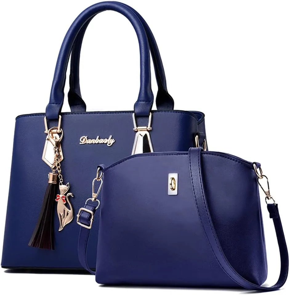 Women Top-Handle Purses Leather 2pcs Totes Handbag Shoulder Satchel with tassel