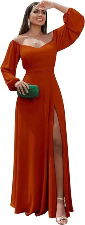 Womens A Line Off Shoulder Bridesmaid Dress, Long Sleeves Chiffon Formal Evening Party Gown with Side Slit
