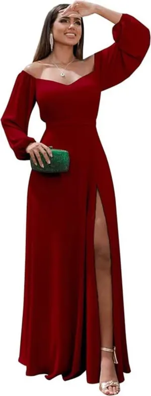 Womens A Line Off Shoulder Bridesmaid Dress, Long Sleeves Chiffon Formal Evening Party Gown with Side Slit