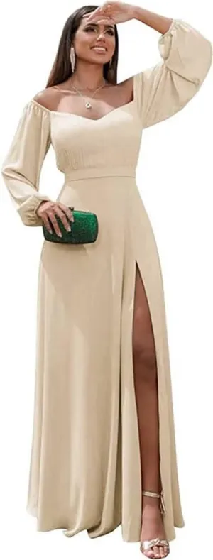 Womens A Line Off Shoulder Bridesmaid Dress, Long Sleeves Chiffon Formal Evening Party Gown with Side Slit