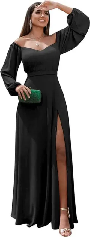Womens A Line Off Shoulder Bridesmaid Dress, Long Sleeves Chiffon Formal Evening Party Gown with Side Slit