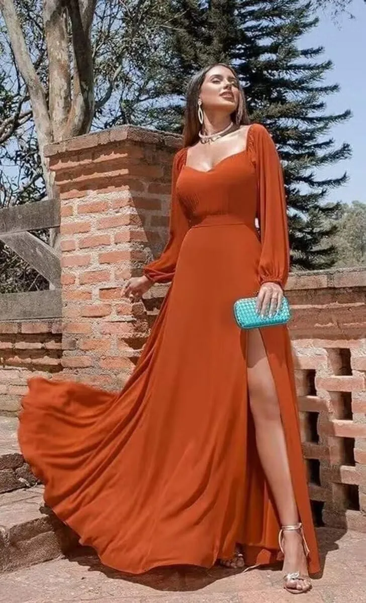 Womens A Line Off Shoulder Bridesmaid Dress, Long Sleeves Chiffon Formal Evening Party Gown with Side Slit