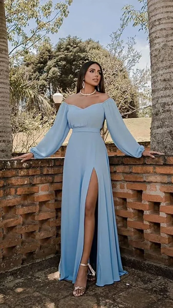 Womens A Line Off Shoulder Bridesmaid Dress, Long Sleeves Chiffon Formal Evening Party Gown with Side Slit