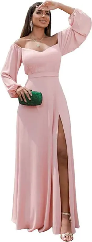 Womens A Line Off Shoulder Bridesmaid Dress, Long Sleeves Chiffon Formal Evening Party Gown with Side Slit