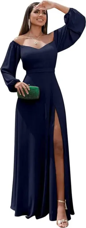 Womens A Line Off Shoulder Bridesmaid Dress, Long Sleeves Chiffon Formal Evening Party Gown with Side Slit
