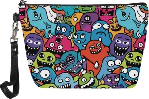 Womens Abstract Monsters Print Makeup Pouch PU Leather Travel Cosmetic Bags Portable Clutch Brush Bag Holders