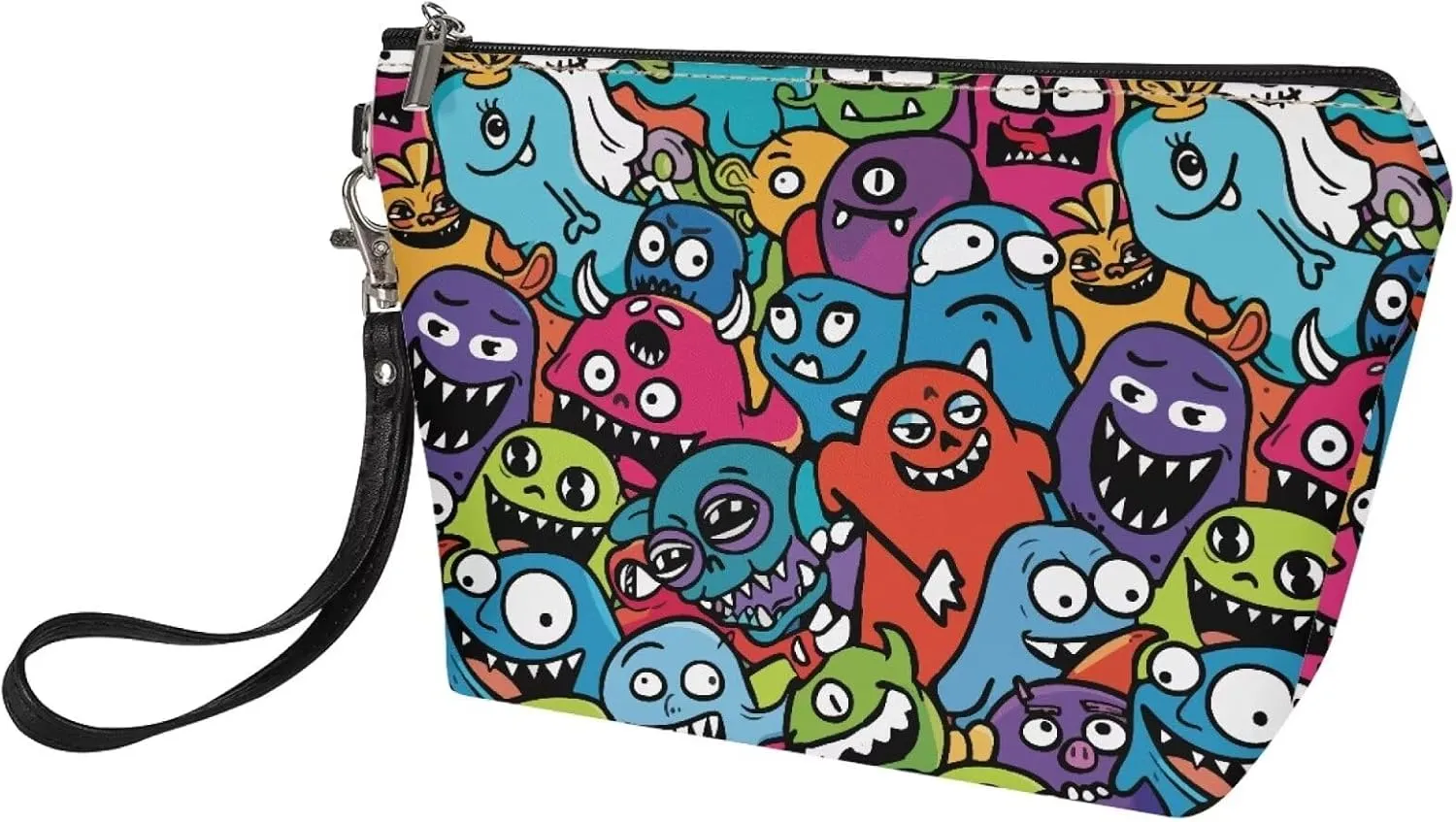 Womens Abstract Monsters Print Makeup Pouch PU Leather Travel Cosmetic Bags Portable Clutch Brush Bag Holders