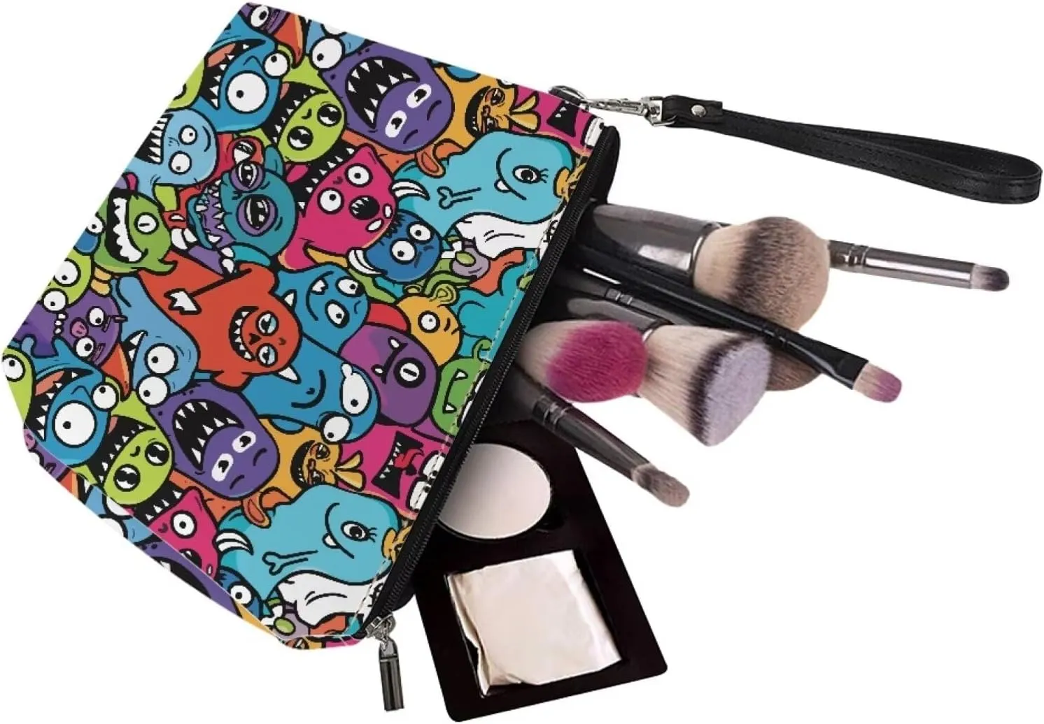 Womens Abstract Monsters Print Makeup Pouch PU Leather Travel Cosmetic Bags Portable Clutch Brush Bag Holders