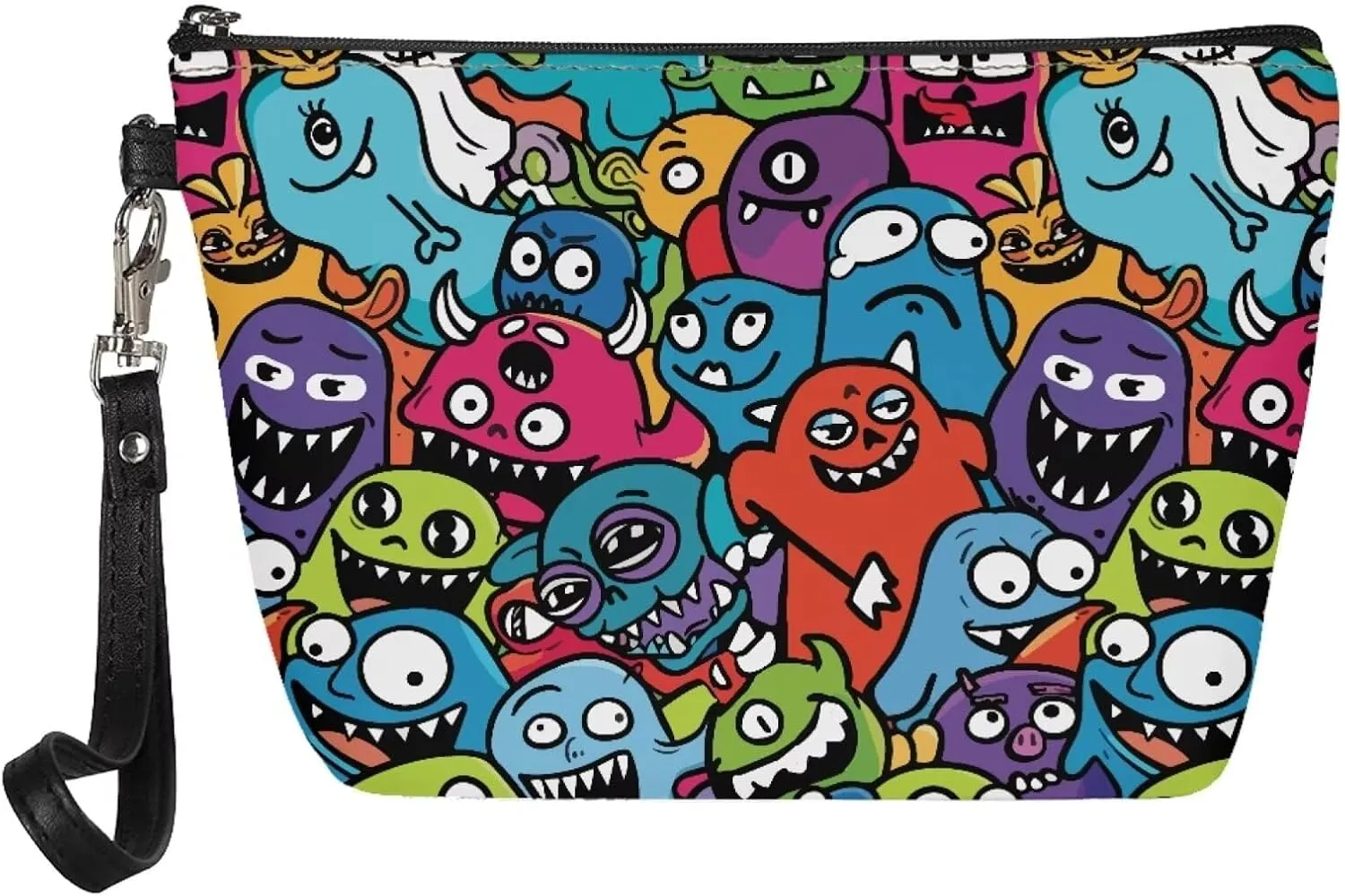 Womens Abstract Monsters Print Makeup Pouch PU Leather Travel Cosmetic Bags Portable Clutch Brush Bag Holders