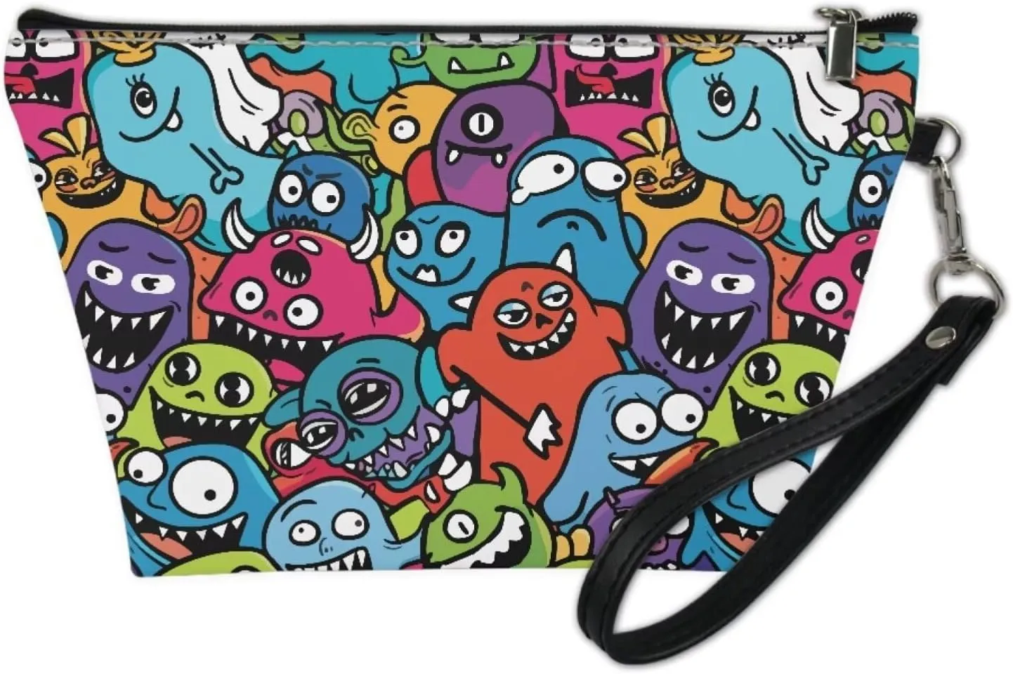 Womens Abstract Monsters Print Makeup Pouch PU Leather Travel Cosmetic Bags Portable Clutch Brush Bag Holders