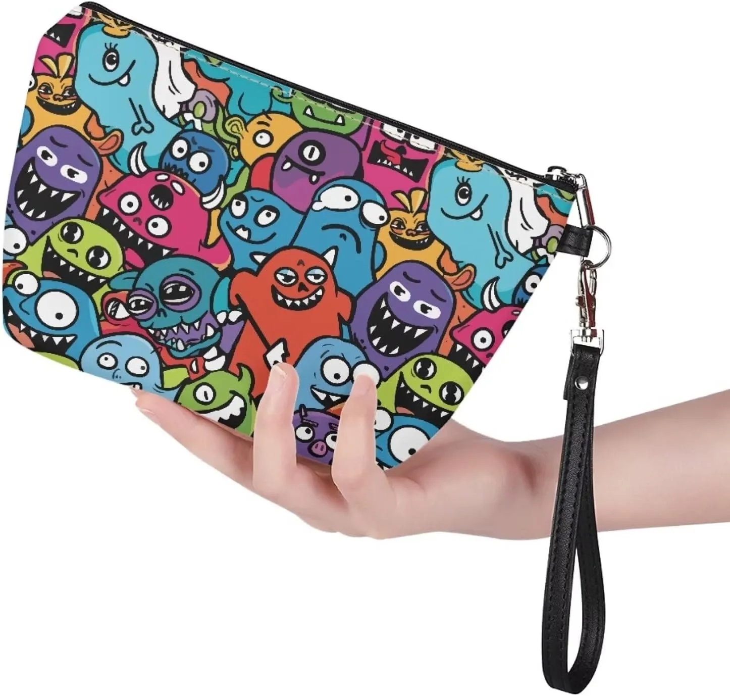 Womens Abstract Monsters Print Makeup Pouch PU Leather Travel Cosmetic Bags Portable Clutch Brush Bag Holders
