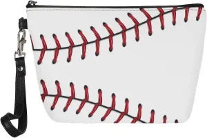 Womens Baseball Print Makeup Pouch PU Leather Travel Cosmetic Bags Portable Minimalist Clutch Brush Bag Holders