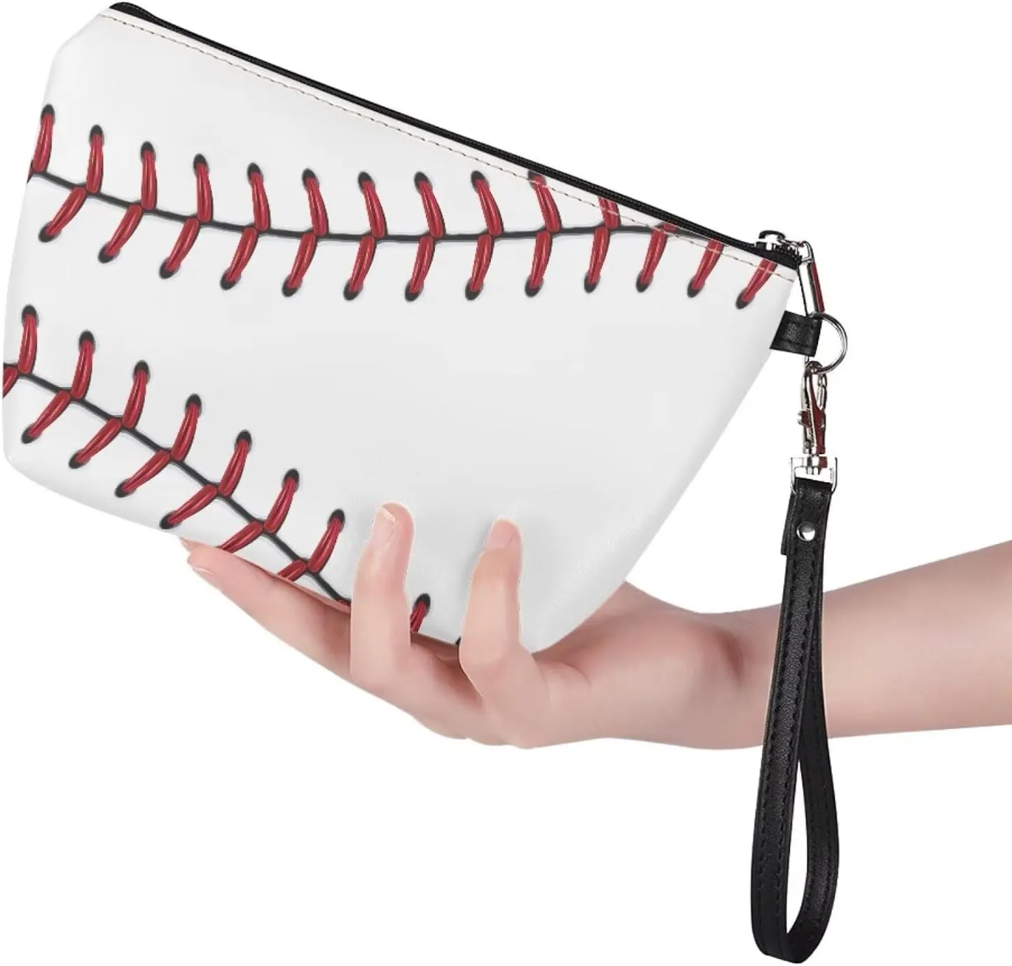 Womens Baseball Print Makeup Pouch PU Leather Travel Cosmetic Bags Portable Minimalist Clutch Brush Bag Holders