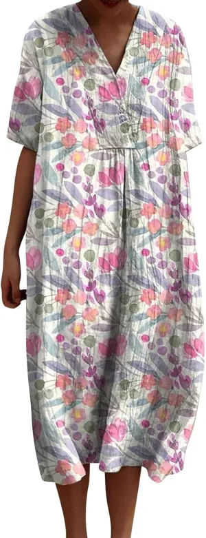 Women's Boho Summer Dresses with Pockets Vintage Art Floral Printed Midi Dress V Neck Plus Size Loose Casual Dresses