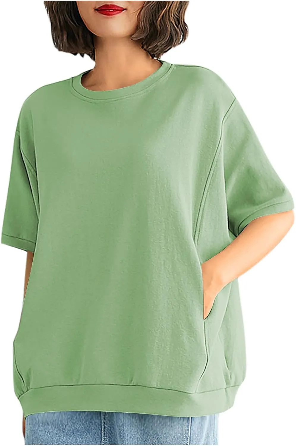 Women's Crew Neck T Shirt Oversized Casual Loose Short Sleeve Tee Summer Athletic Workout Pullover Tops with Pockets