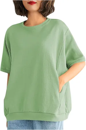 Women's Crew Neck T Shirt Oversized Casual Loose Short Sleeve Tee Summer Athletic Workout Pullover Tops with Pockets