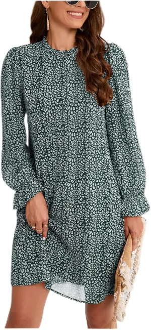Women's Floral Print Ruffle Mock Neck Babydoll Dress - Casual Flowy Mini Shift Dress Green Plaid XXL