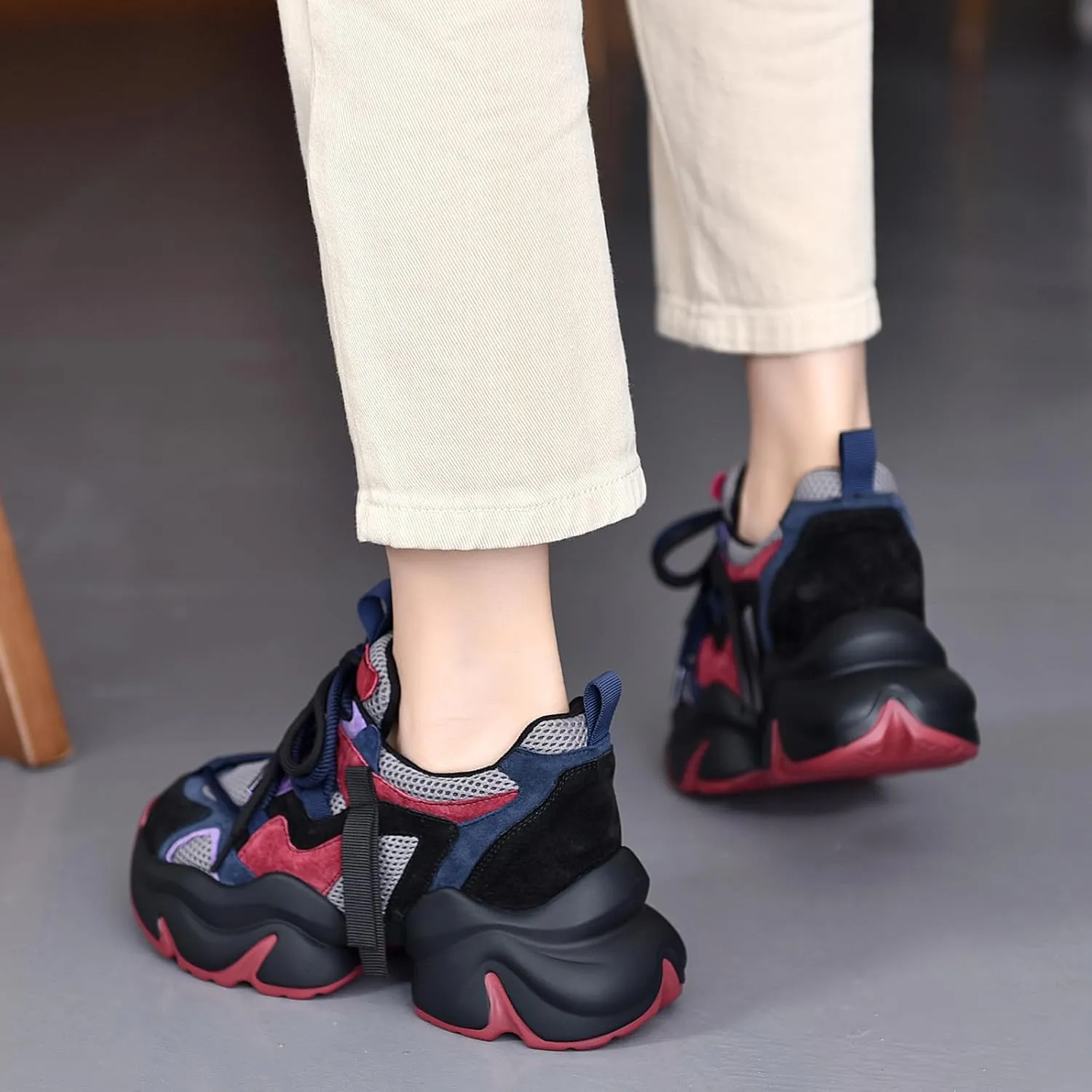 Women's Genuine Leather Mesh Platform Chunky Fashion Sneakers Round Toe Lace-Up Low-Top Anti-Slip Casual Dad Shoes Comfortable Breathable Walking Sport Shoes