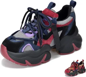 Women's Genuine Leather Mesh Platform Chunky Fashion Sneakers Round Toe Lace-Up Low-Top Anti-Slip Casual Dad Shoes Comfortable Breathable Walking Sport Shoes