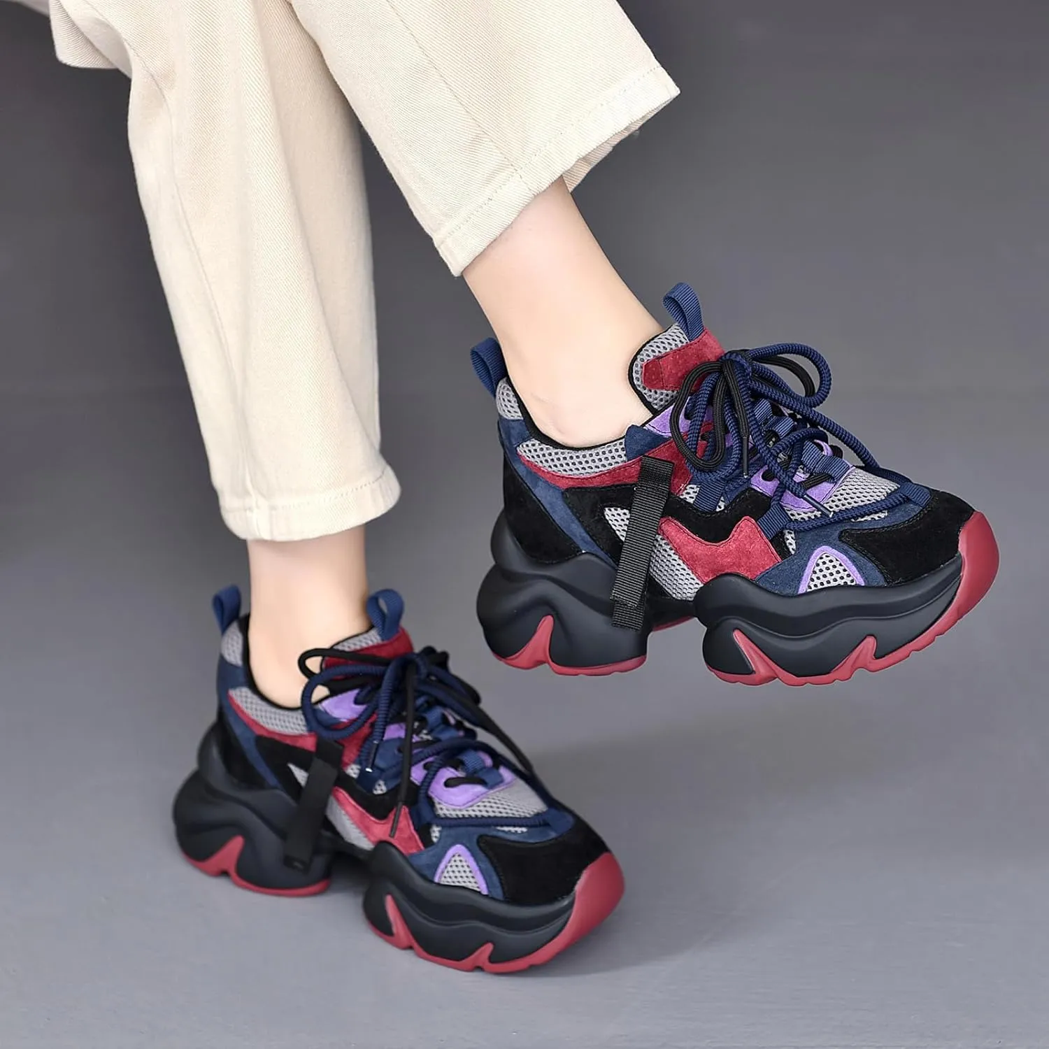 Women's Genuine Leather Mesh Platform Chunky Fashion Sneakers Round Toe Lace-Up Low-Top Anti-Slip Casual Dad Shoes Comfortable Breathable Walking Sport Shoes