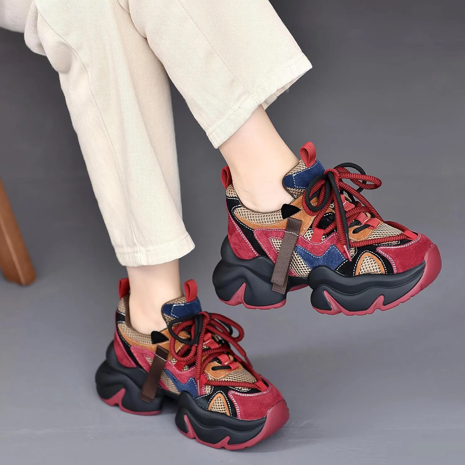 Women's Genuine Leather Mesh Platform Chunky Fashion Sneakers Round Toe Lace-Up Low-Top Anti-Slip Casual Dad Shoes Comfortable Breathable Walking Sport Shoes