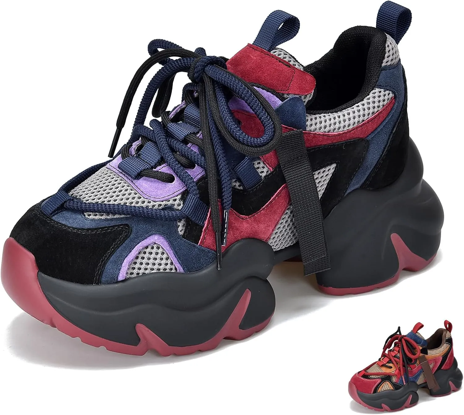 Women's Genuine Leather Mesh Platform Chunky Fashion Sneakers Round Toe Lace-Up Low-Top Anti-Slip Casual Dad Shoes Comfortable Breathable Walking Sport Shoes