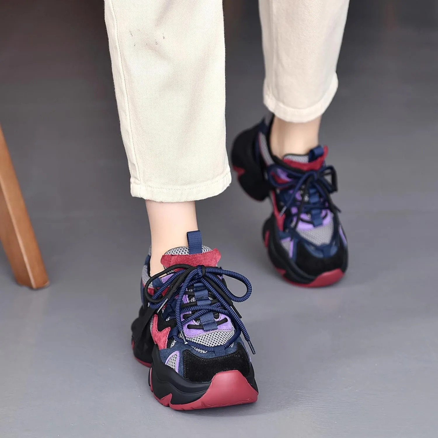 Women's Genuine Leather Mesh Platform Chunky Fashion Sneakers Round Toe Lace-Up Low-Top Anti-Slip Casual Dad Shoes Comfortable Breathable Walking Sport Shoes