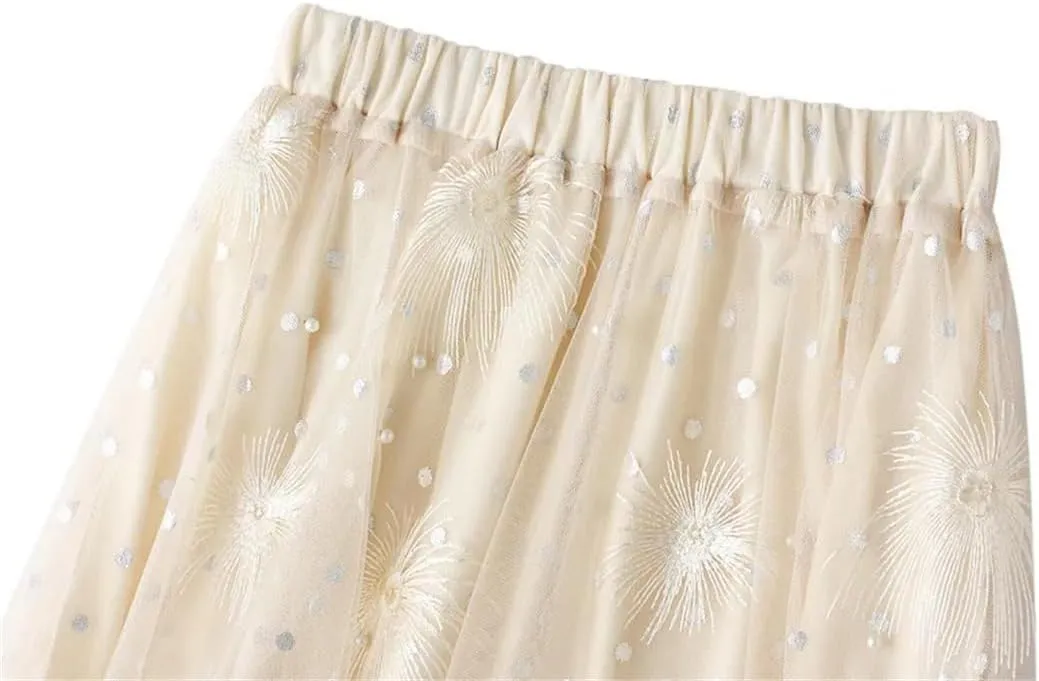 Womens High Waisted Mesh Embroidered A Line Skirts Casual Loose Mesh Tulle Pleated Skirt