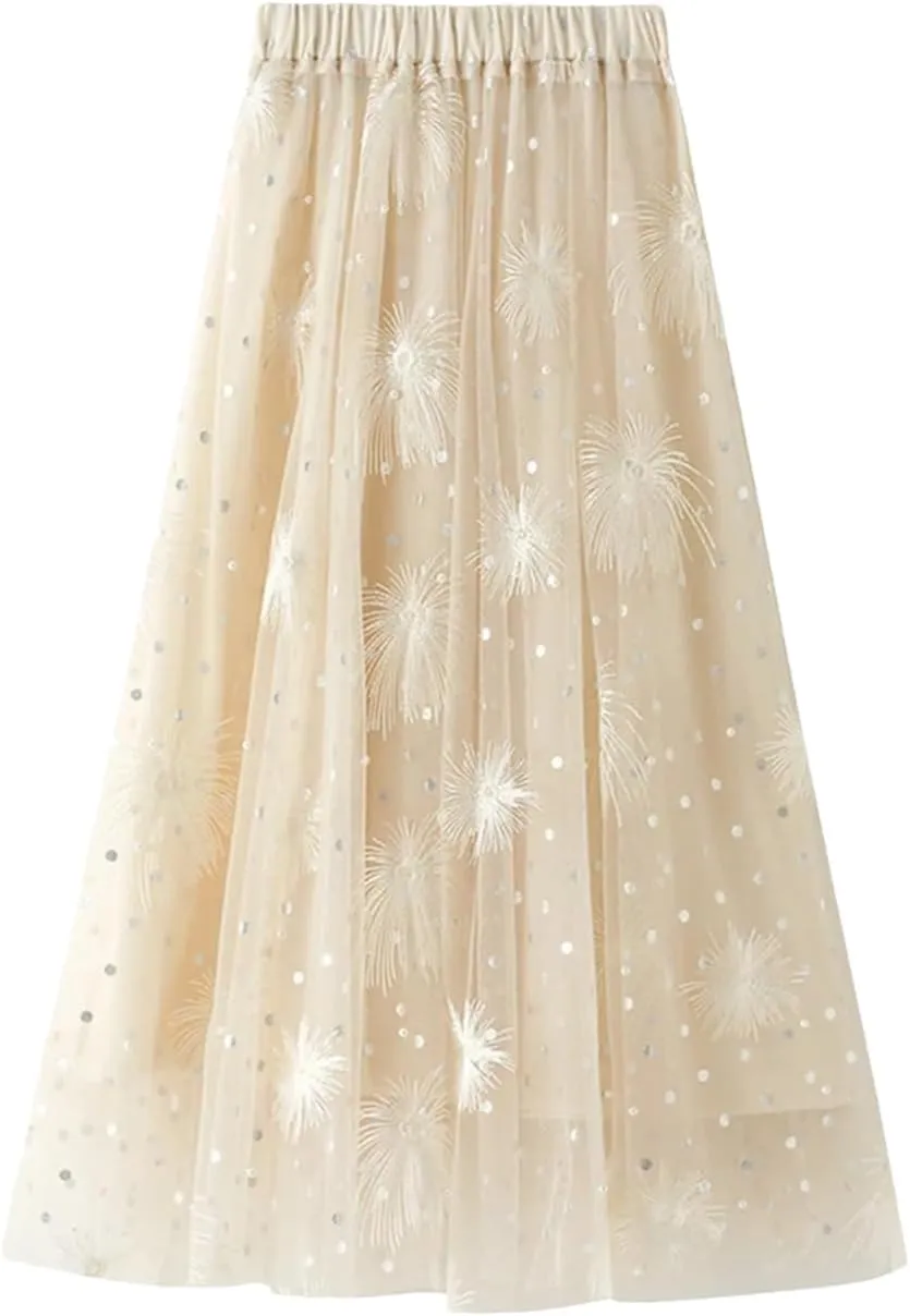 Womens High Waisted Mesh Embroidered A Line Skirts Casual Loose Mesh Tulle Pleated Skirt