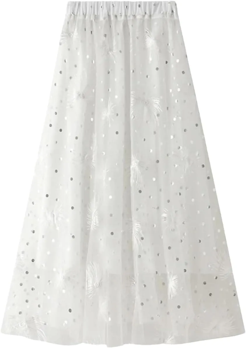Womens High Waisted Mesh Embroidered A Line Skirts Casual Loose Mesh Tulle Pleated Skirt