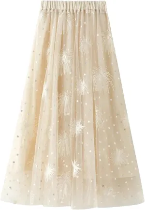 Womens High Waisted Mesh Embroidered A Line Skirts Casual Loose Mesh Tulle Pleated Skirt
