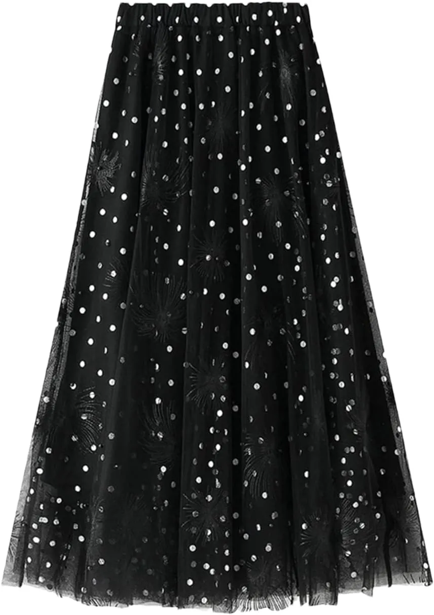 Womens High Waisted Mesh Embroidered A Line Skirts Casual Loose Mesh Tulle Pleated Skirt