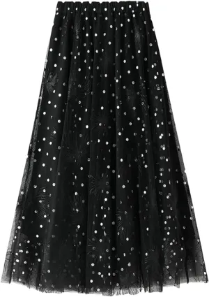 Womens High Waisted Mesh Embroidered A Line Skirts Casual Loose Mesh Tulle Pleated Skirt