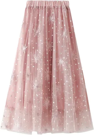 Womens High Waisted Mesh Embroidered A Line Skirts Casual Loose Mesh Tulle Pleated Skirt