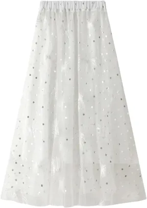 Womens High Waisted Mesh Embroidered A Line Skirts Casual Loose Mesh Tulle Pleated Skirt