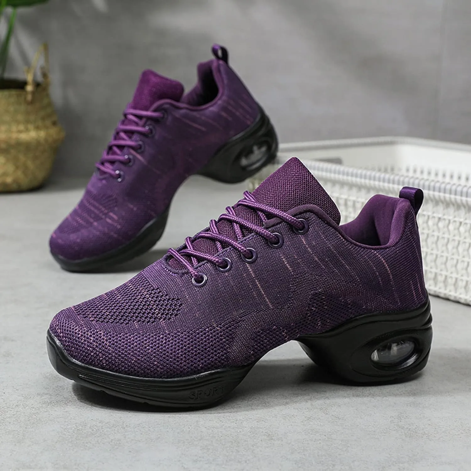 Womens Jazz Sneakers Lace-up Walking Shoes Split Sole Dance Shoes with Air Cushion Breathable Mesh Platform Shoes