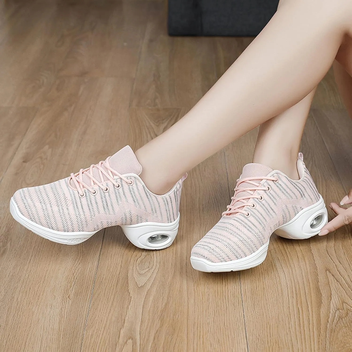 Womens Jazz Sneakers Lace-up Walking Shoes Split Sole Dance Shoes with Air Cushion Breathable Mesh Platform Shoes