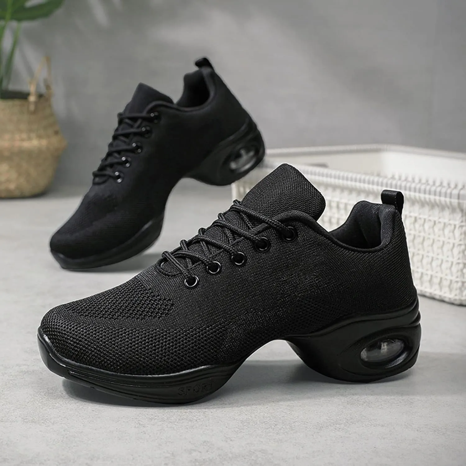 Womens Jazz Sneakers Lace-up Walking Shoes Split Sole Dance Shoes with Air Cushion Breathable Mesh Platform Shoes