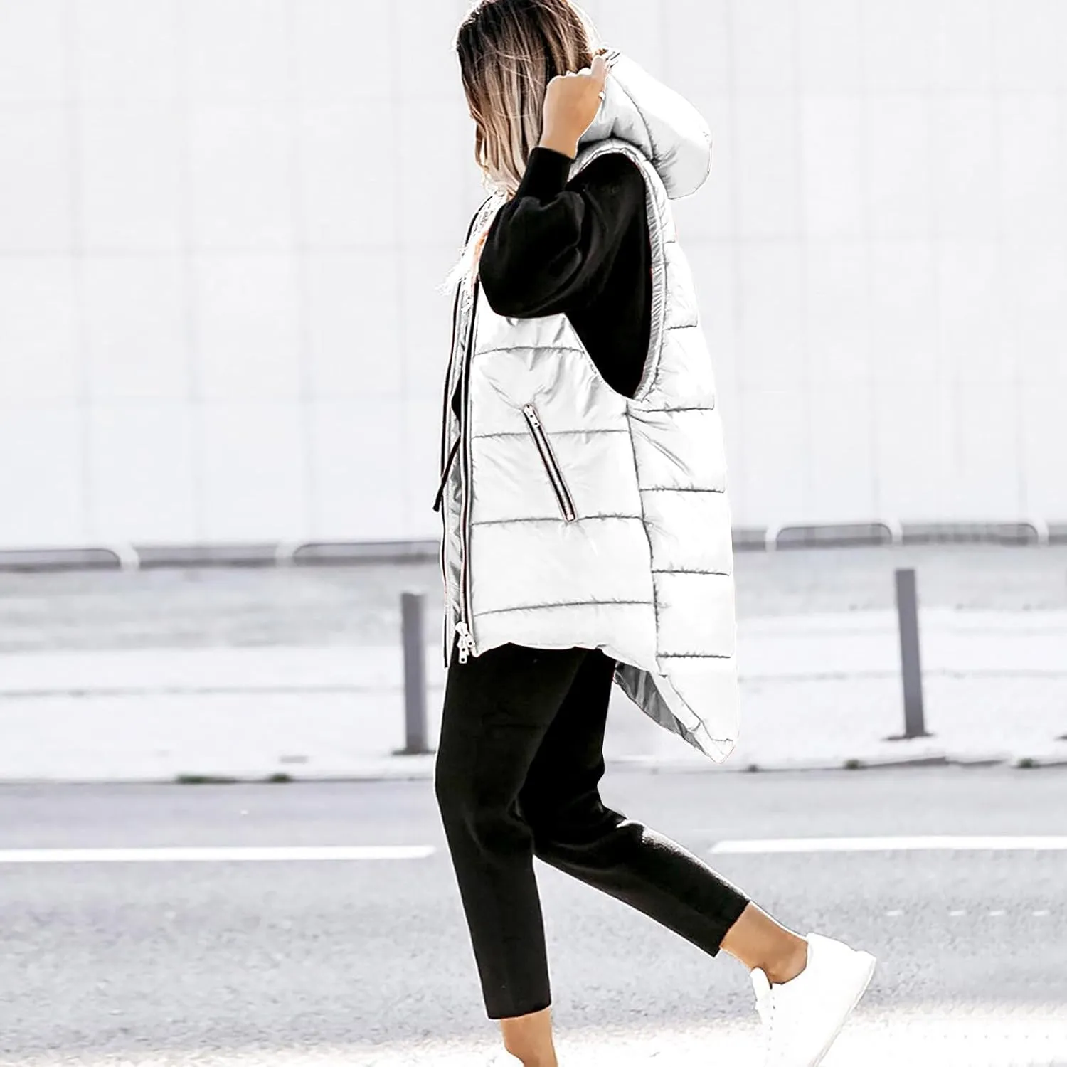 Women's Long Quilted Vest Hooded Full-Zip Sleeveless Down Coat Outwear With Pockets 2024 Winter Warm Padded Jacket