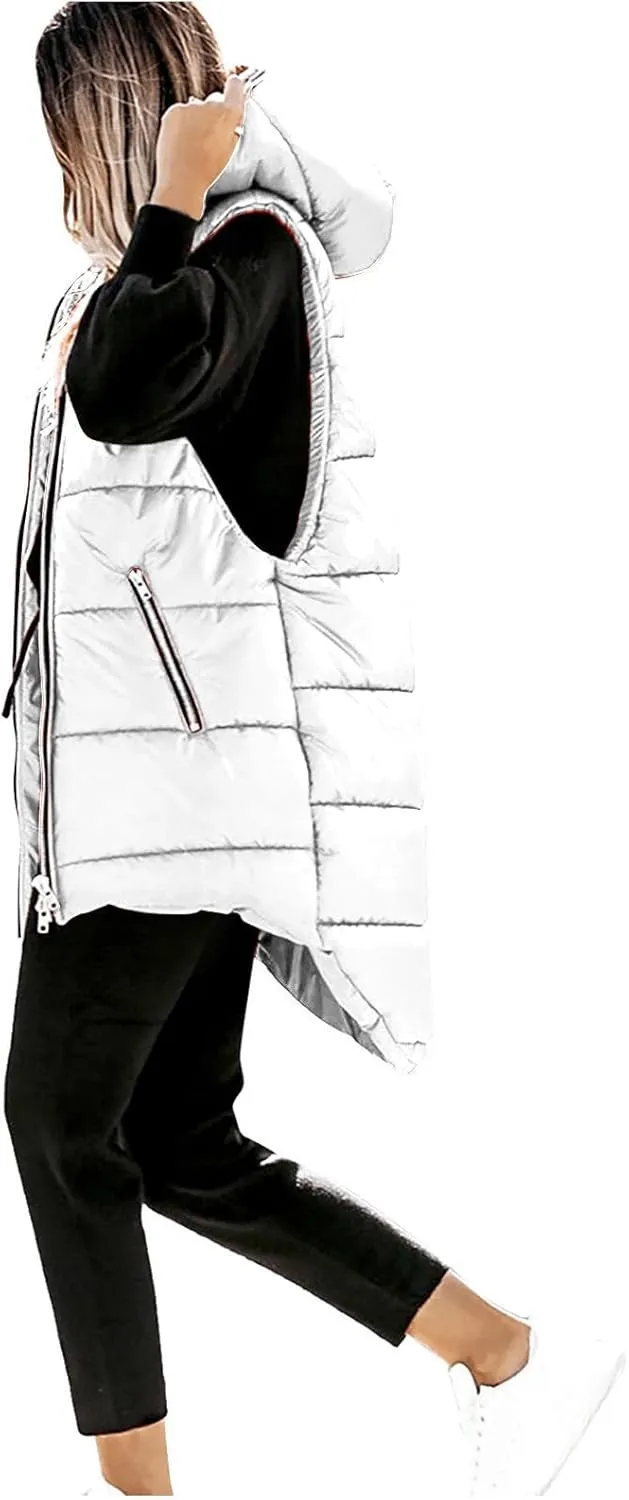 Women's Long Quilted Vest Hooded Full-Zip Sleeveless Down Coat Outwear With Pockets 2024 Winter Warm Padded Jacket