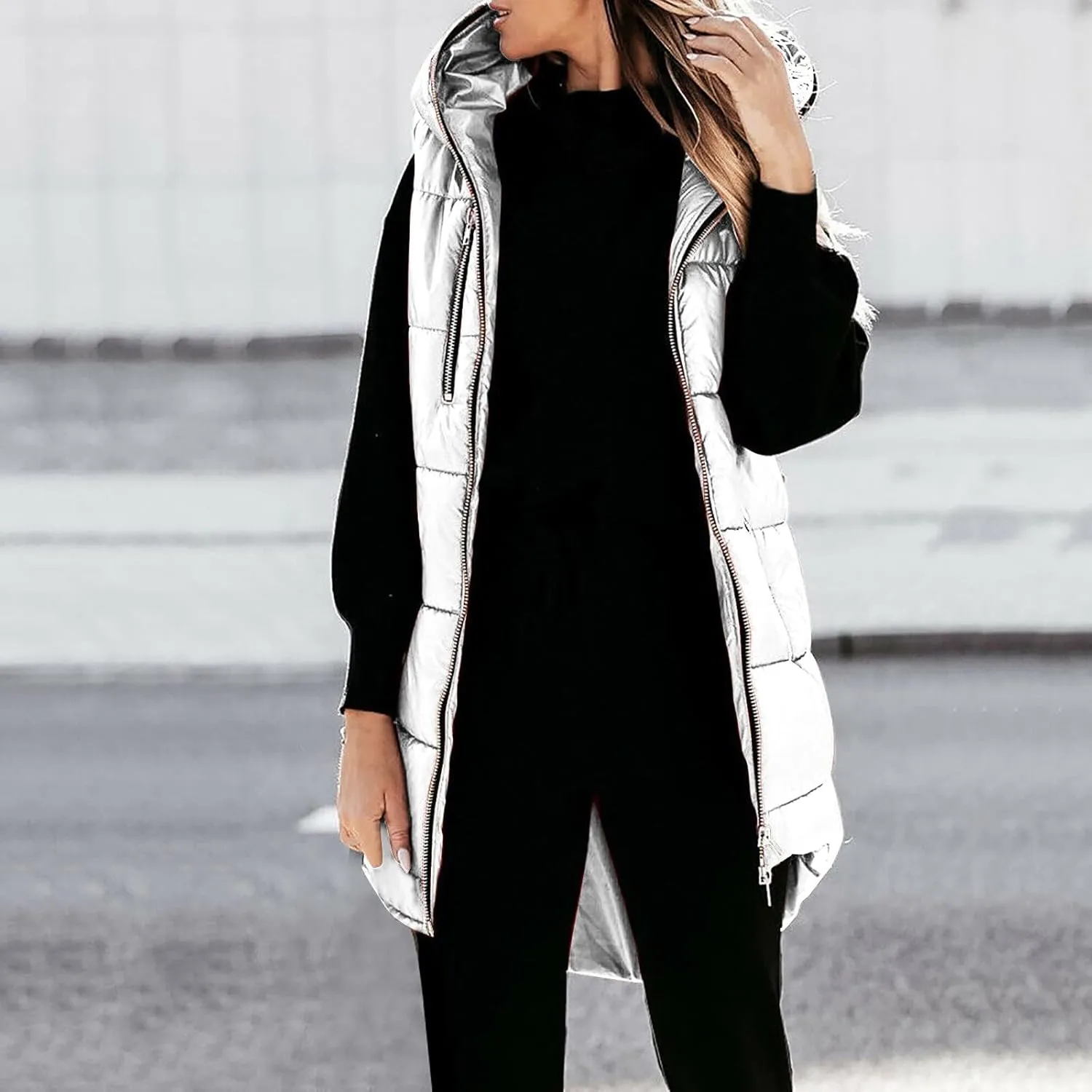 Women's Long Quilted Vest Hooded Full-Zip Sleeveless Down Coat Outwear With Pockets 2024 Winter Warm Padded Jacket