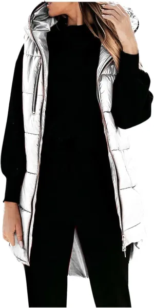 Women's Long Quilted Vest Hooded Full-Zip Sleeveless Down Coat Outwear With Pockets 2024 Winter Warm Padded Jacket