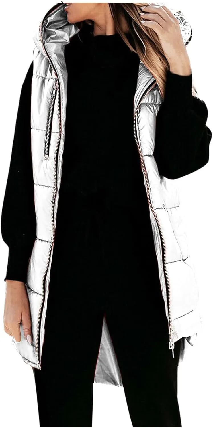 Women's Long Quilted Vest Hooded Full-Zip Sleeveless Down Coat Outwear With Pockets 2024 Winter Warm Padded Jacket