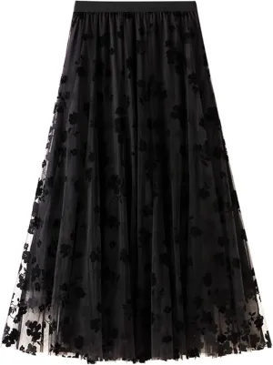 Women's Midi Tutu Tulle Layered Skirt Mesh A-Line Flocking Fairy Elastic Waist Maxi Hem Mesh Skirt